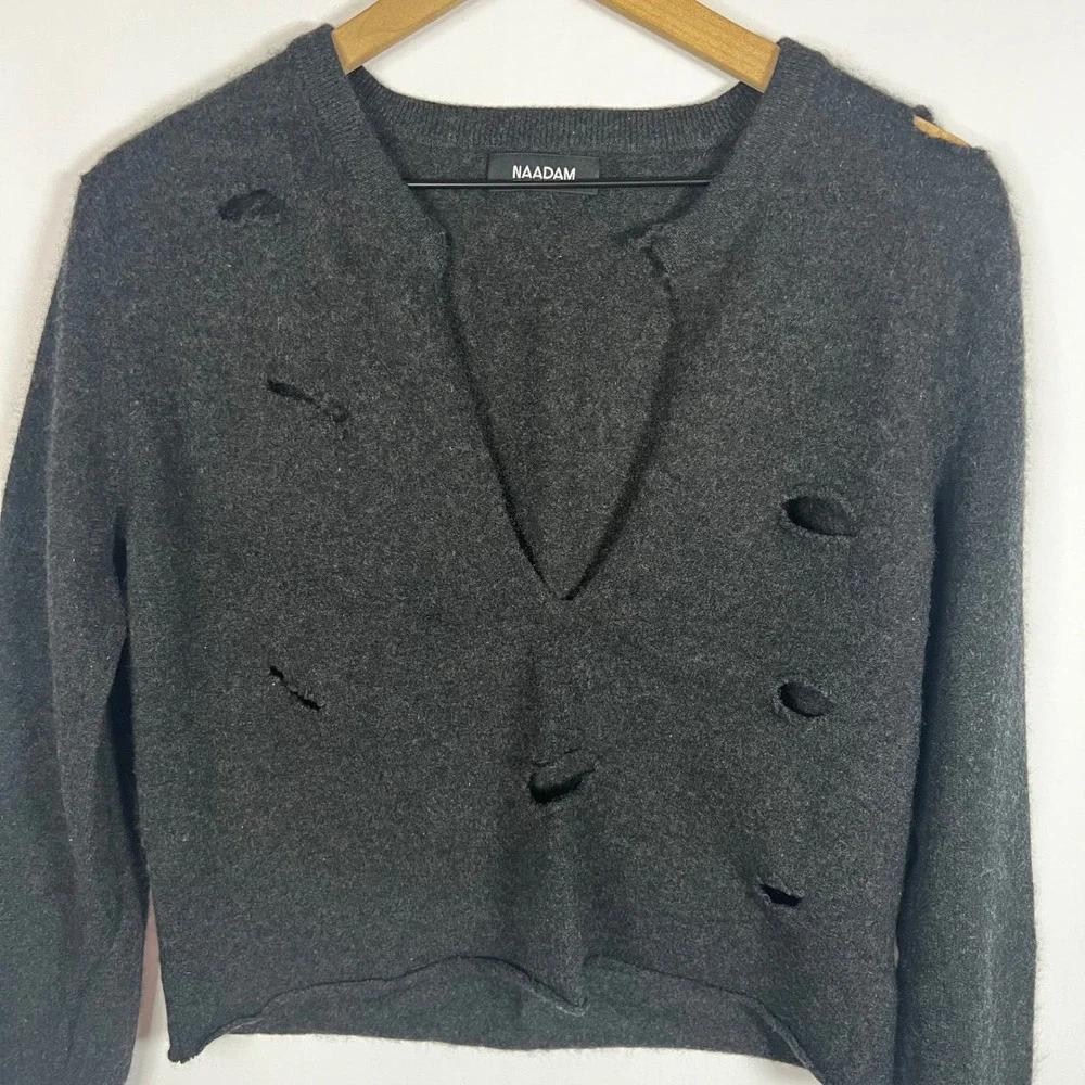 Naadam Sweater‎ Women Small Charcoal Gray Distressed V-Neck Long Sleeve Cashmere